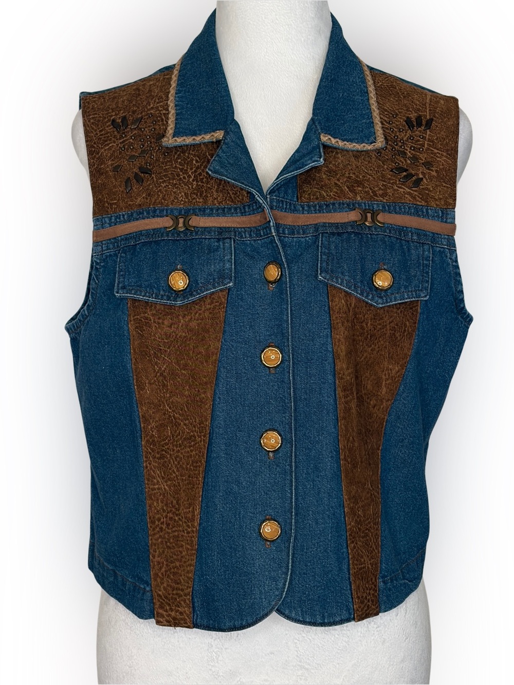 Vintage 90s Christina Hope Denim Vest Size 8 Moleskin Studs Made in USA
